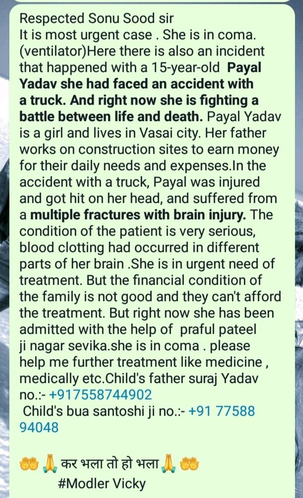 ModlerVicky1995's tweet photo. @SonuSood Sir Child Is Very Serious Condition Who is Suffering From Brain Injury Please Save Her Life. 
@SoodFoundation @FcSonuSood 
#SonuSood #soodcharitablefoundation #strongerindia🇮🇳 #SabHongeKamyab 🇮🇳
#Soodfoundation #helpinghand #India #Mumbai
#ModlerVicky 🙏 https://t.co/dRtJTtK2Oy