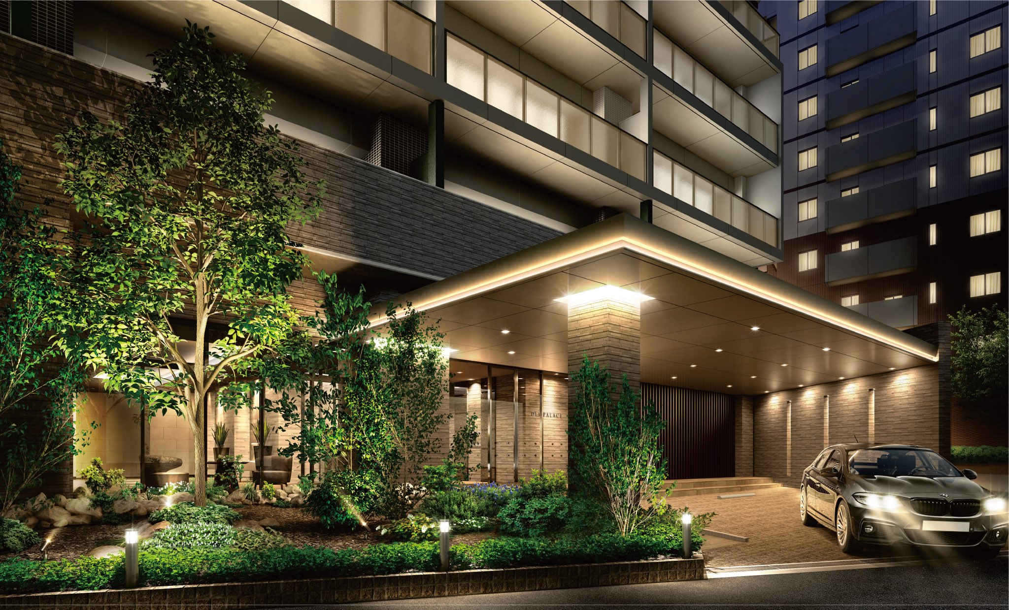 ダイア建設新潟 ダイアパレス笹口けやき通りnext 重厚で華麗なエントランスは機能性にも優れており 屋根付きのお車寄せとご来客の駐車スペースとしての顔も併せ持ちます 笹口けやき通り 笹口けやき通りnext 新築マンション 分譲マンション