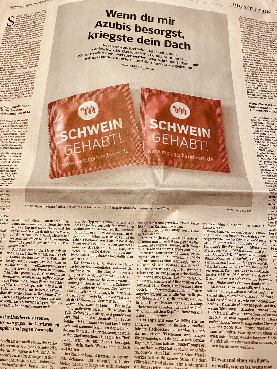 Metzger, Schreiner? Aber die jungen Leute wollen kein Schwein zerlegen, lieber Influencer werden. Das wurde durch Corona nicht besser. <a href="/Eliischwa/">Elisa Schwarz</a>⁩ auf der #SeiteDrei der ⁦<a href="/SZ/">Süddeutsche Zeitung</a>⁩ über Serkan Engin, der das Handwerk retten will - und über einen Metzger im Schottenrock.