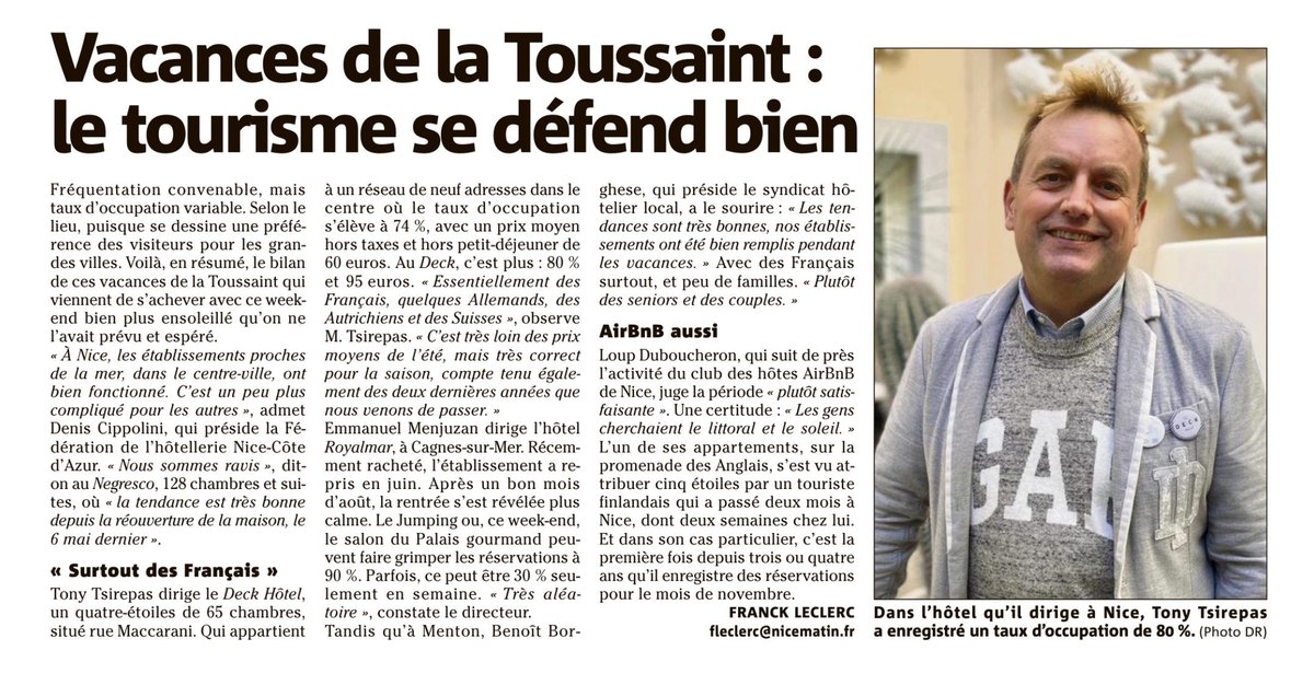 #LaPresseEnParle - En ce dernier jour de vacances, Tony Tsirepas, le directeur de <a href="/TheDeckHotel/">The Deck Hotel by HappyCulture Nice</a> , fait un bilan de l'activité touristique dans le journal <a href="/Nice_Matin/">Nice-Matin</a> 🗞 

📍 2 rue Maccarani, 06000 Nice
💻 deck-hotel.com

#ILoveTheDeck #HappyCulture #CotedAzurFrance