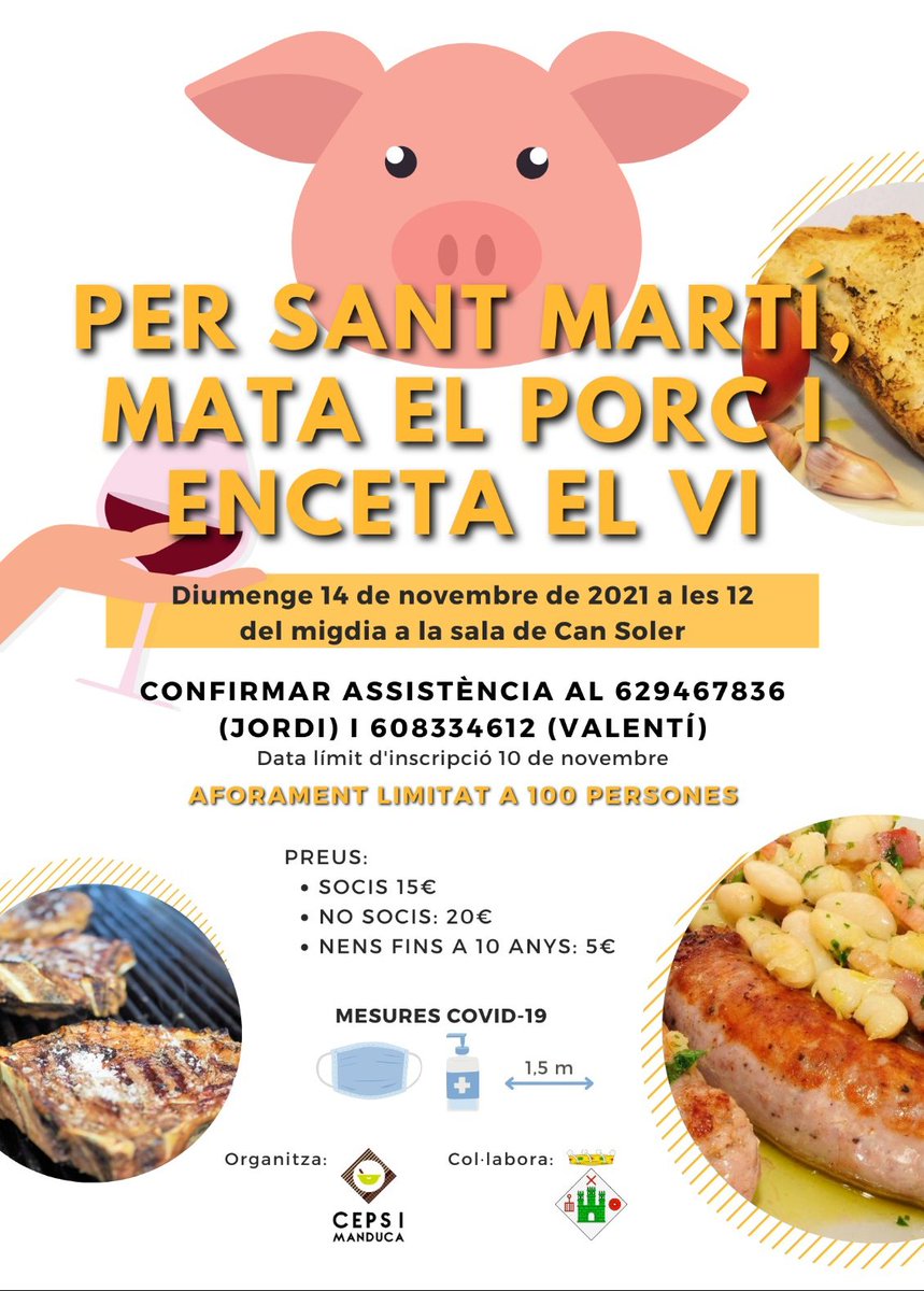 CepsiManduca's tweet photo. 🙋🏻‍♂️🙋‍♀️ #FestadelPorc a #SVCastellet #Bages el proper diumenge 14 novembre
Vine a gaudir d'una d les tradicions més nostres:
✅Per Sant Martí mata el #porc 🐖 i enceta el #vi 🍷
🍇També tastarem els #vinovell d #VinsPetxina i embotits artesans😋

ℹ+info i inscripcions: al cartell⬇️ https://t.co/Gx9dMUIQjC