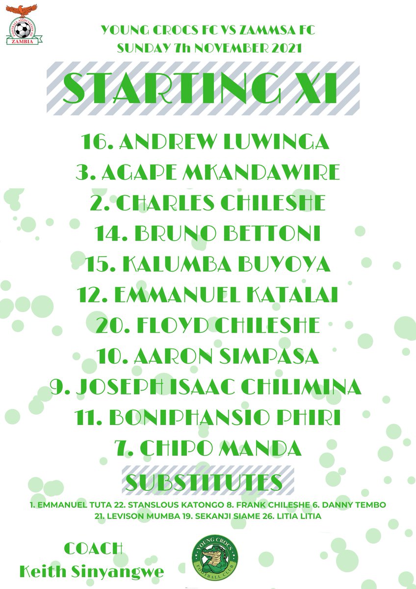 KafueCelticFC's tweet photo. Our Young Crocs FC starting XI to face ZAMMSA FC:
#YoungCrocs🐊 https://t.co/uL2bn9m2Yp