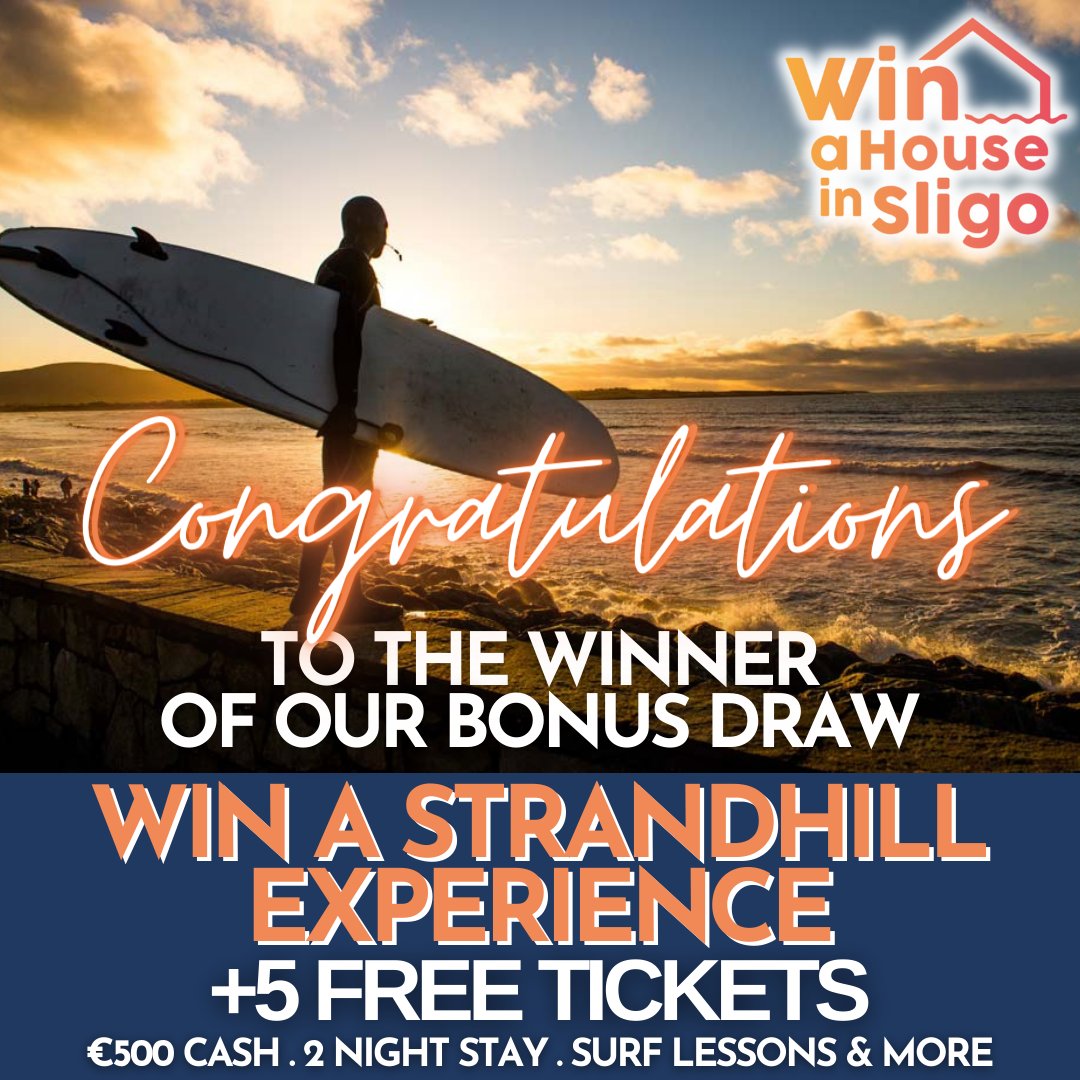 WinAHouseSligo's tweet photo. And the winner of our Strandhill Experience + 5 Free Tickets is... 🥁

👉🏼 Kathleen Murphy from Castlebar 🥳

Purchase a ticket for our draw between November 4th &amp; 14th will win the 𝙂𝙤𝙡𝙙𝙚𝙣 𝙏𝙞𝙘𝙠𝙚𝙩, worth 𝟏𝟎 𝐅𝐫𝐞𝐞 𝐓𝐢𝐜𝐤𝐞𝐭𝐬💥

👉🏼 https://t.co/QfczmfVwcv https://t.co/7ZRn2HD6bE