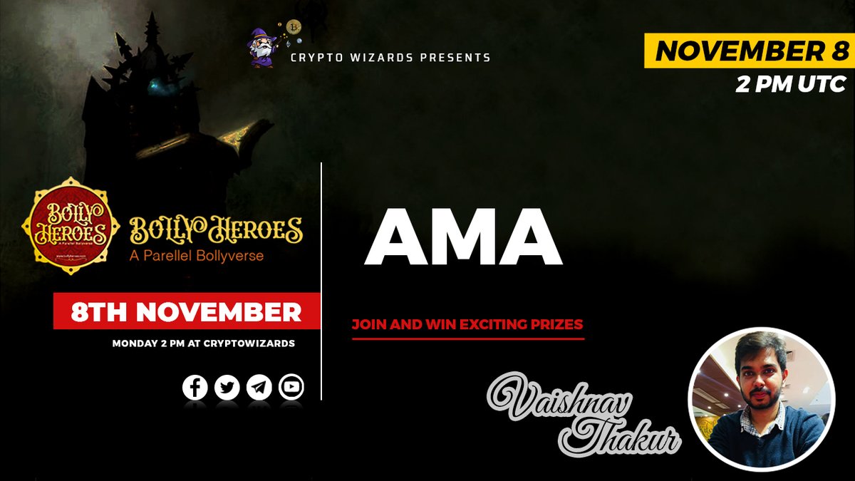 #AMA With Bolly Heroes on 8th November 2021 |2:00 PM UTC|

VENUE: t.me/CryptoWizardsC…

REWARDS : $100 

RULES
1. Follow in Twitter 
<a href="/wizards_crypto/">Crypto Wizards</a> <a href="/BollyHeroes/">Bolly Heroes Bollyverse</a> 

2. Like and retweet

3. Comment Question by Tagging few Friends (5 Question)