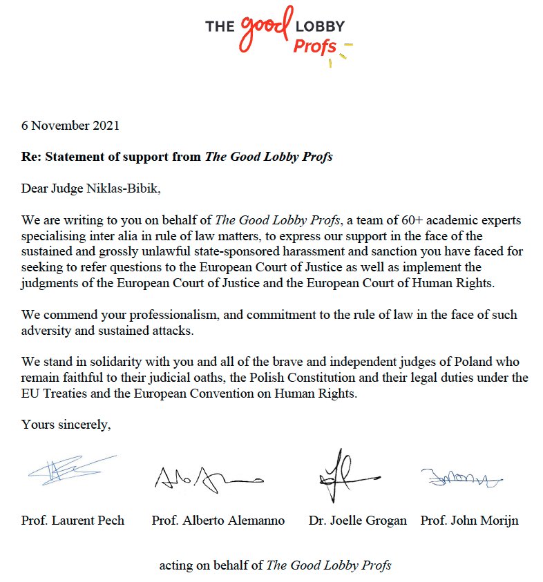 More Polish judges were suspended this week for doing their job: applying EU law &amp; European Convention of Human Rights in their country.

We wrote a letter of support and solidarity to them, while  <a href="/vonderleyen/">Ursula von der Leyen</a> <a href="/dreynders/">Didier Reynders</a> <a href="/VeraJourova/">Věra Jourová</a> have not. #ruleoflaw #poland <a href="/GoodLobbyProfs/">The Good Lobby Profs</a>