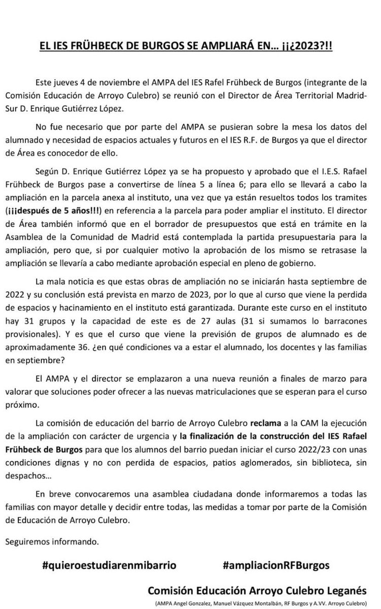 #quieroestudiarenmibarrio #AmpliacionRFBurgos
El IES FRÚHBECK DE BURGOS SE AMPLIARÁ EN... ¡¡¿¿2023!!?? 
 
<a href="/IdiazAyuso/">Isabel Díaz Ayuso</a> <a href="/ppleganes/">Partido Popular de Leganés 🇪🇸</a> <a href="/psoedeleganes/">PSOE Leganés/ ❤️</a> <a href="/UnionporLeganes/">ULEG</a> <a href="/PodemosLeganes/">PODEMOS Leganés</a> <a href="/Cs_Leganes/">Ciudadanos Leganés</a> <a href="/leganemos/">Leganemos . #TrabajandoporLeganescontigo</a>