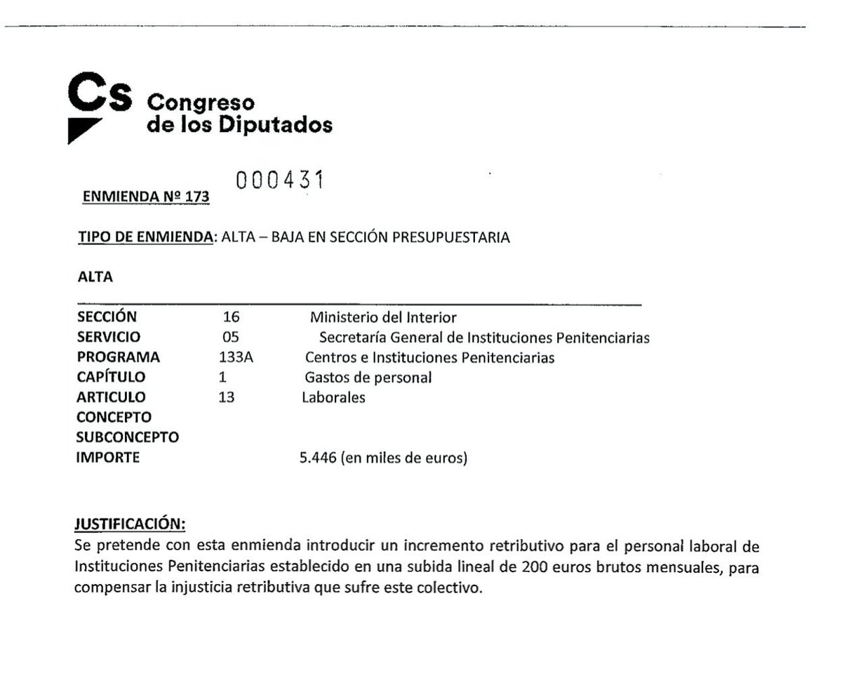 CiudadanosCs's tweet photo. Enmiendas liberales a los Presupuestos Generales del Estado: tratar con justicia a funcionarios y personal laboral de prisiones. Llevan décadas abandonados por los gobiernos, dedican sus vidas a servir a los españoles y lo merecen. Esperamos el apoyo del resto de grupos👇 https://t.co/GAVHMuGpso