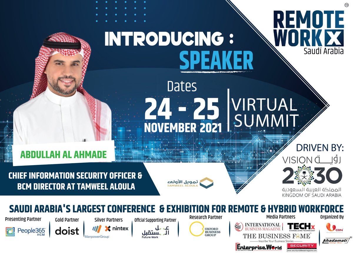 remote_workx's tweet photo. Ucon welcomes Mr. Abdullah Alahmade as a Speaker for #RemoteWorkx Saudi Arabia!
#RemoteWorkx #remoteworking #wfh #remoteworks #WorkFromHome #RemoteMovement #virtualevent #saudi #vision2030 #saudievents #kingdom #المواردالبشرية #السعودية #رؤيةالسعودية_2030 #تطوير #عمل #عن #بعد https://t.co/4zsFyJU2A0