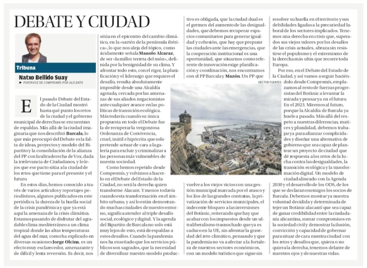 compromis's tweet photo. 📝"La dreta dona l'esquena als reptes d'#Alacant".

✏️@NatxoBellido escriu en "Debate y ciudad" sobre l'estat de la ciutat i les propostes de @CompromisALC 

Llig-lo ací👉https://t.co/AKFm0ETfhh

#TransformAlacant https://t.co/fk3EirJaAS