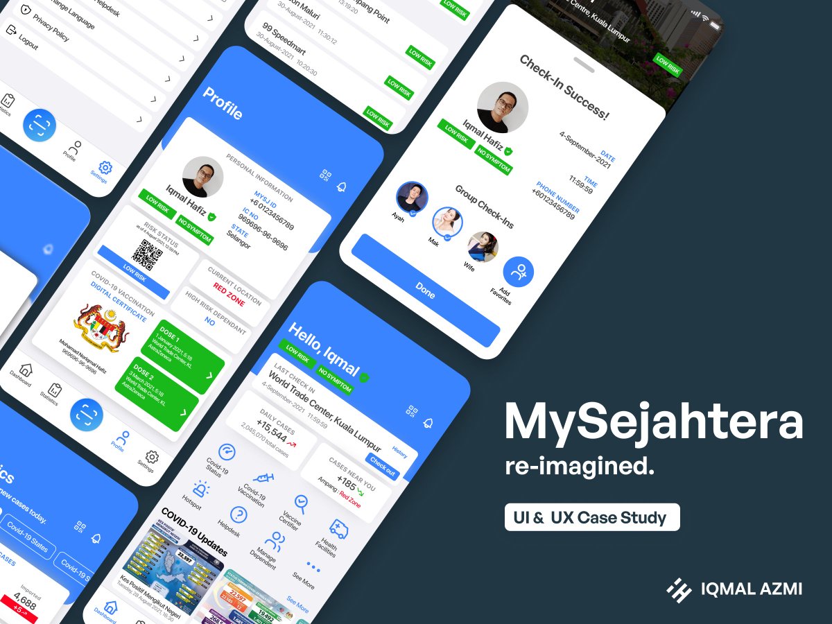 iqmalhafizbzz's tweet photo. MySejahtera; reimagined.

A solo project designed by me.

This is my take on how MySejahtera should be improved.

@KKMPutrajaya 
@Khairykj 
@my_sejahtera 

Link to full project (click appreciate!): https://t.co/dfXXEOx1Ll

p/s: I am available for hire full time. DM me! https://t.co/EGM4OlK2Zj