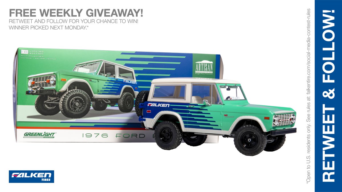Falken 1:18 scale <a href="/GLCollectibles/">GreenLight Collectibles</a> #FordBronco weekly #giveaway #contest. RT &amp; follow #FalkenTire to enter to #win this #prize or other #swag! Day 7 Rules: bit.ly/2grA0A4