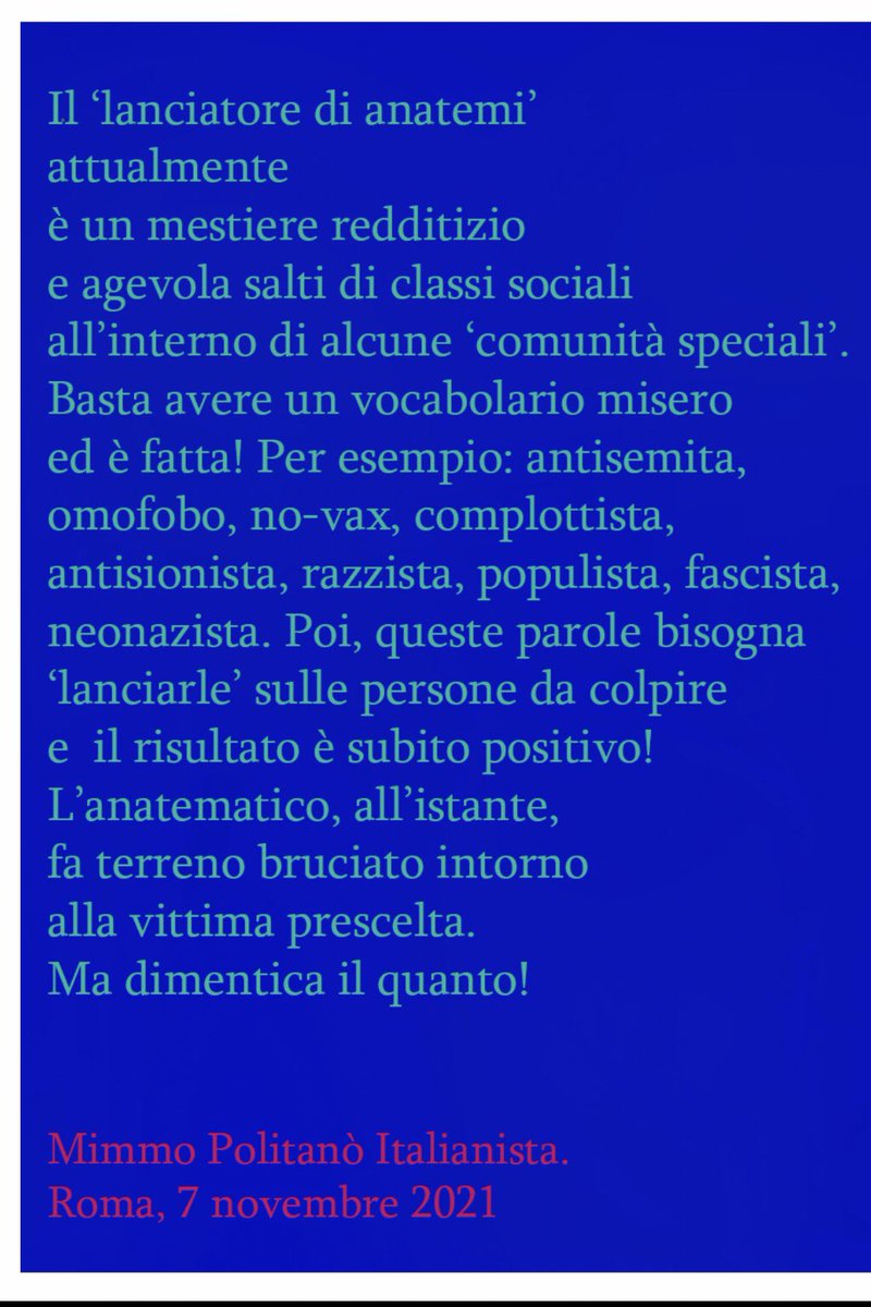 mimmopolitano's tweet photo. @mimmopolitano #italianista #pensieri #frasi #parole #anatemi #antisemita #complottista #novax #populista #fascista #vittima #classisociali #comunitá https://t.co/LXlznszlIE
