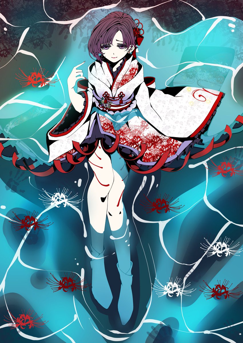 1girl solo spider lily japanese clothes flower kimono short hair  illustration images
