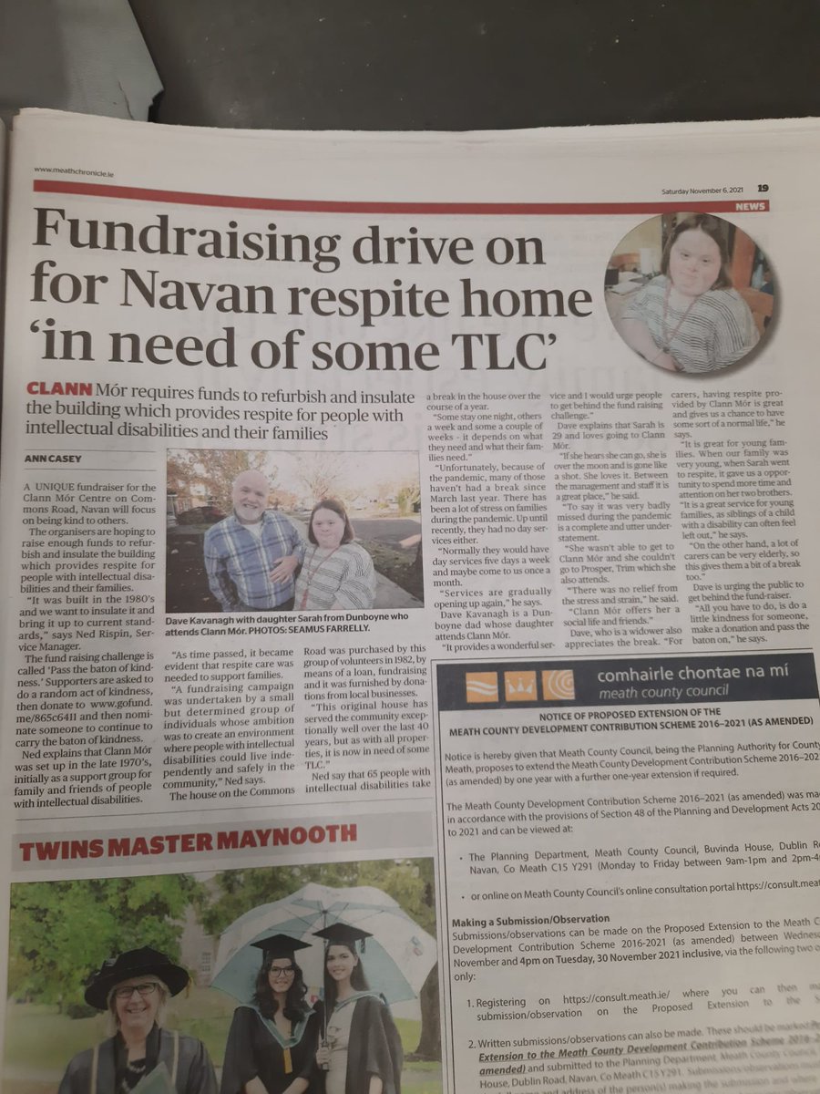 Thanks to the <a href="/MeathChronicle/">Meath Chronicle</a> for featuring Clann Mór in the this weekend's edition. We're kicking off a fundraising drive to raise funds to help repair our respite building. For more details, please see: gofund.me/c86d0450 
#ClannMórPasstheBatonChallenge #Meath #Ireland