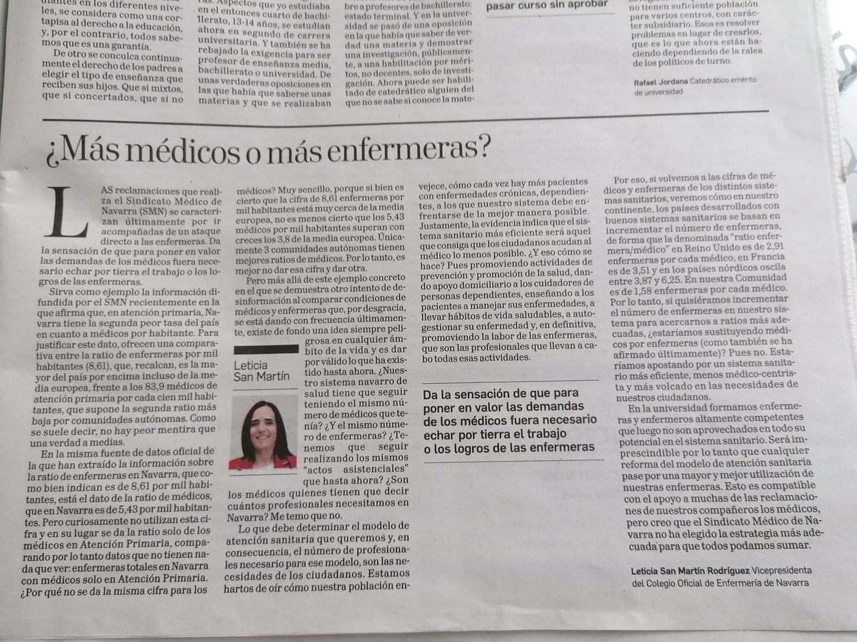 leticiasmartin's tweet photo. ¿Más médicos o más enfermeras? 

Publicación en @DiariodeNavarra que pretende aportar luz ante algunas de las falacias que se deslizan últimamente en relación al número de #médicos y #enfermeras que debe tener nuestro sistema sanitario. 

@Coenav @Grupo40I https://t.co/vie6q2Pkm6