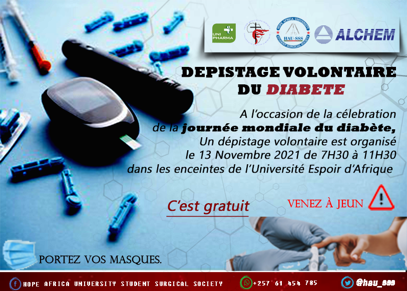 [Soyez bien, connaissez-vous votre Glycémie?]

À l'occasion de la célébration de #WDD, est organisé à <a href="/espoir_afrique/">Université Espoir d'Afrique</a> ce samedi 13 Nov 2021 de 7H30 à 11H30, le #dépistage volontaire du Diabète ainsi que la prise de #TA à tous et c'est gratuit.

Venez à jeun et portez mos masques