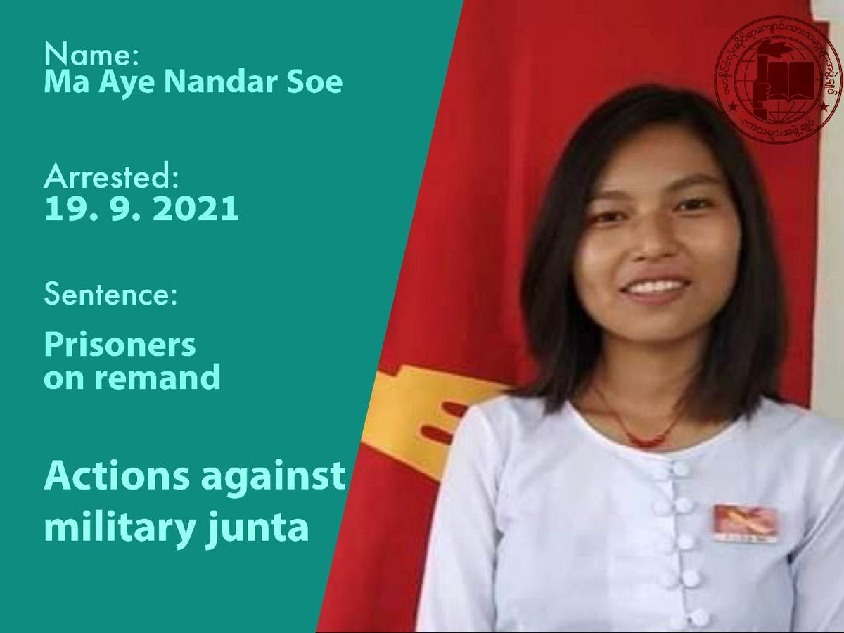 MISSING person reported 

Aye Nandar Soe, a chairwoman of Sagaing University of Education's Students' Union was violently abducted by Junta Forces since Sept 19 &amp; we'r informed she was sent to Infantry 33. For over a month, we haven't heard of her situation. <a href="/sis2sisMM/">sisters2sisters.myanmar</a>