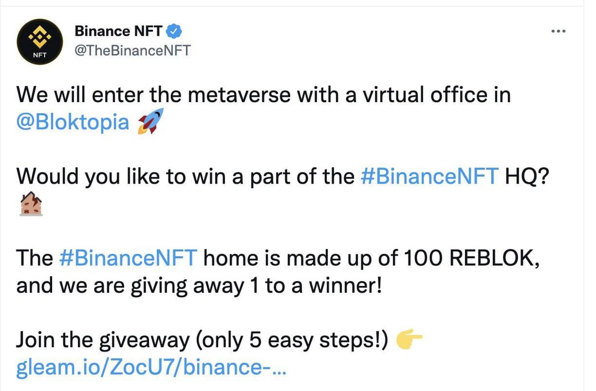Official twitter of @TheBinanceNFT tweeted about $BLOK !

We getting more and more attention ! Get ready once bullrun is sent because alt season will be mainly about metaverse project ✊

We currently at the dip, the following month gonna be insane, time to load up a bag