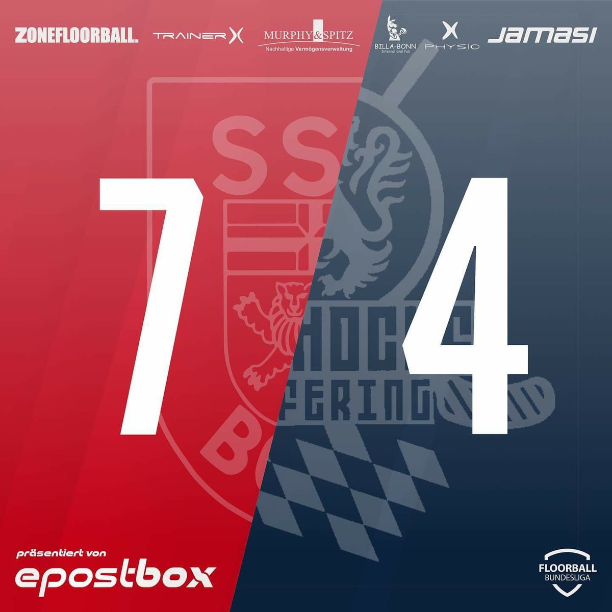 SSFDragonsBonn's tweet photo. Mit 7:4 gewinnen wir zuhause gegen die Red Hocks. Zu Beginn des Spiels kam Kaufering zu wenigen Chancen und wir konnten eine 4:0 Führung ausbauen. Bis Ende des dritten Drittels kämpfte sich Kaufering auf ein 6:4 heran, jedoch reichte es am Ende nicht. #fd_buli #Floorball https://t.co/EObObCYqAX