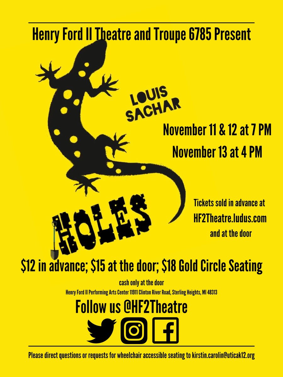 HF2Theatre's tweet photo. HF2 Theatre presents Holes by Louis Sachar on Thursday, Friday, and Saturday at Ford (November 11-13). Tickets are $12 in advance (with no additional credit card fees) or $15 at the door. Advance tickets can be purchased at https://t.co/9MyjWC4P1Q https://t.co/ulN9EROLk7