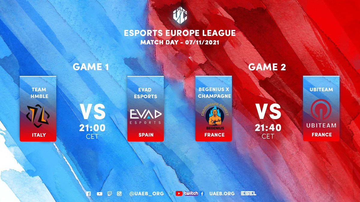 Here We Go 🔥🔥🔥
Today 07.11 at 21:00 (CET) 

Game 1 - <a href="/TeamHmble/">Hmble</a> VS <a href="/2kTeiko/">Teikō Esports 2K</a> (21:00)
Game 2 - <a href="/beGeniusESC/">beGenius ESC</a> VS @Started2k (21:40)

Official web site - uaeb.org
Twitch - twitch.tv/uaeb_org