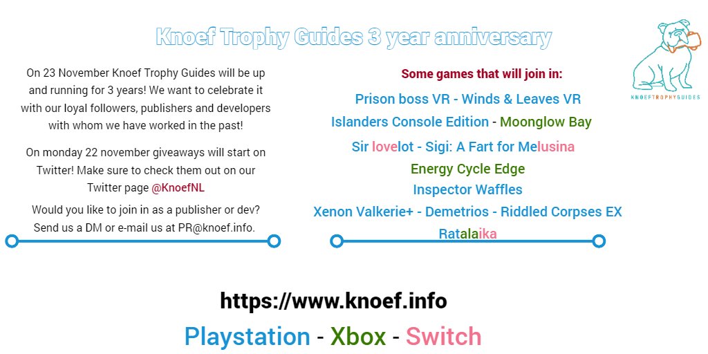 KnoefNL's tweet photo. Knoef Trophy Guides will be 3 years old on 23th November!
We would love to celebrate it with all our followers, publishers and game devs we've worked with!
Will you join our epic party on Twitter?
#knoef #giveaway #trophyguides #trophyhunting #playstation5 #XboxSeriesX https://t.co/Kk5gsi9OWu