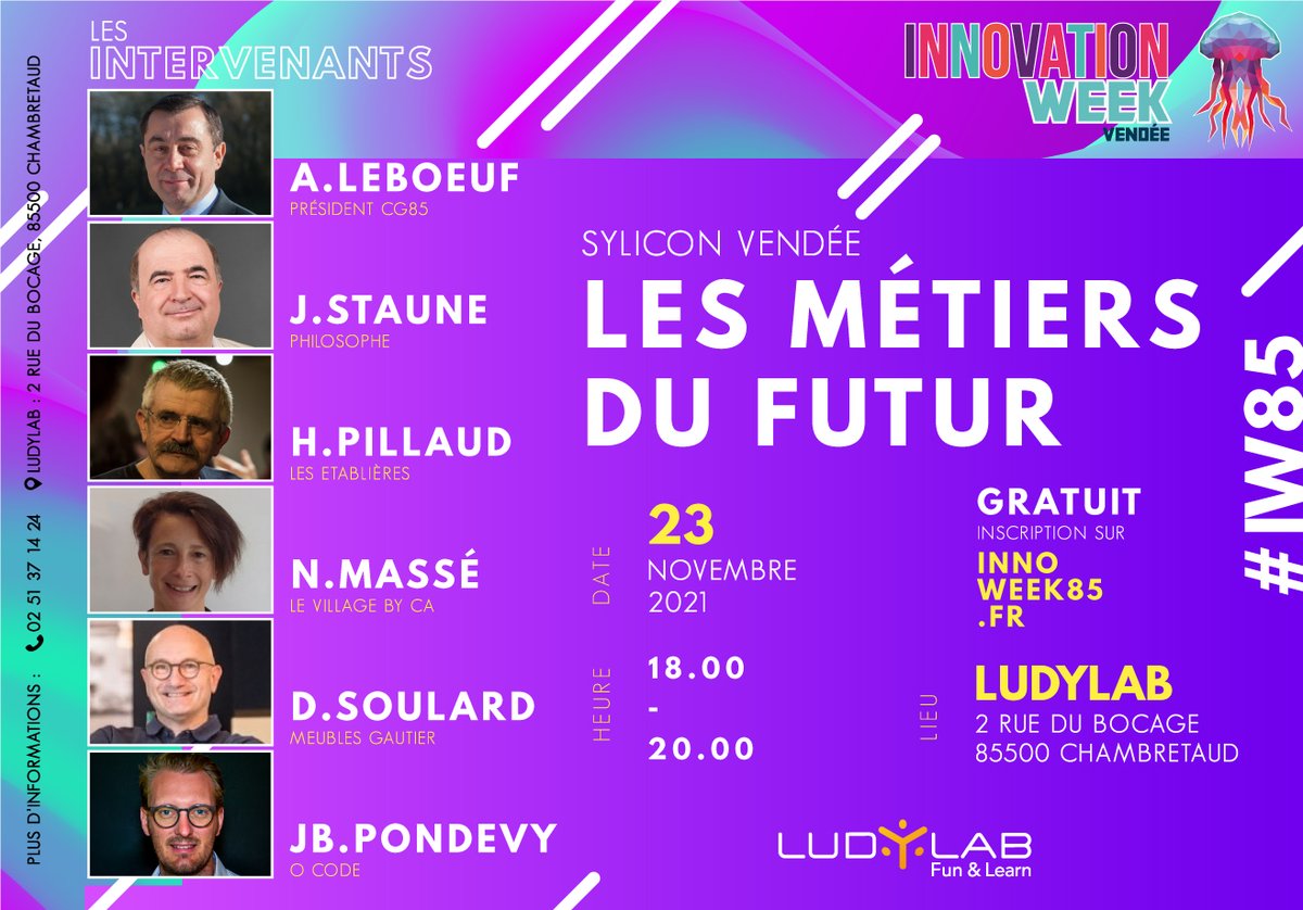 Le <a href="/ludylab/">LUDyLAB 🧡</a> organise une soirée sur les métiers du futur en #SyliconVendee avec des acteurs de la Tech, Fab, Agri, Innovation, économie  <a href="/a_leboeuf/">Alain LEBOEUF</a> <a href="/JStaune/">jean Staune</a> <a href="/Herve_Pillaud/">PILLAUD Hervé</a> <a href="/nathaliemasse88/">Nathalie Massé</a> <a href="/davidsoulard/">David Soulard</a> <a href="/JbPondevy/">JeanBaptiste Pondevy</a> @ccilefort <a href="/InnoWeek85/">InnoWeek85</a> 
inscription ici : my.weezevent.com/iw85-silicon-v…