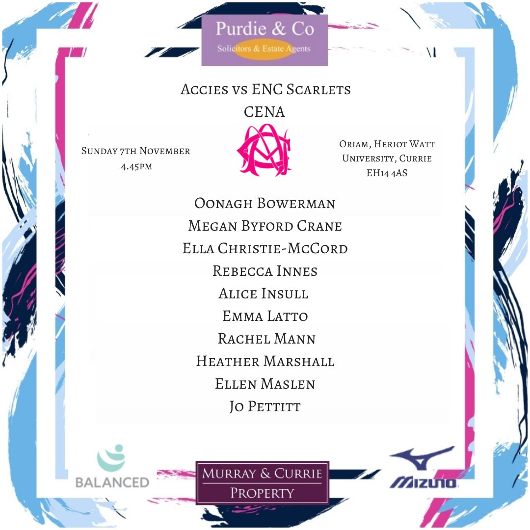 AcciesNetball's tweet photo. *CENA Squad Announcement*
Accies vs @edinetballclub Scarlets
๐ Sunday 7th November ๐Oriam, Edinburgh โฑ4.45pm
#WinTogether #BuildingTheBrand #AcciesNetballClub #EANC #FemalesInSport #EAFC #WakeUpNetball #Netball #TeamSports #WeAreAccies #IAmAnAccie #ChangingTheGame https://t.co/SZromkIzSb