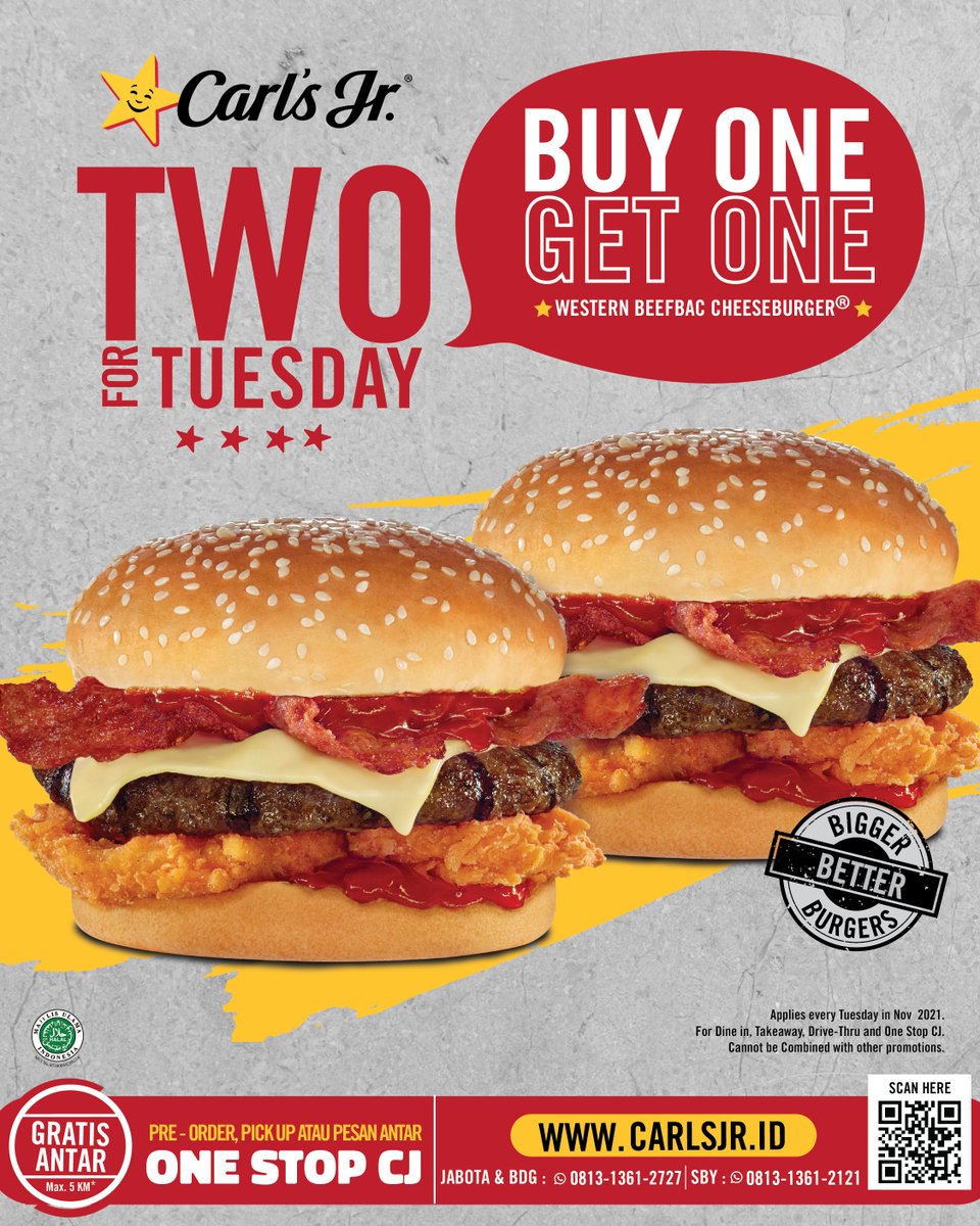 CarlsJrID's tweet photo. Kenyang dan hemat karena TWO FOR TUESDAY buat 
Yuk ajak teman dan keluarga ke CJ dan nikmati kelezatan juicy burger ini.
Promo berlaku unruk dine in, take away, One Stop CJ, dan drive thru.
#CarlsJrID #CarlsJr #Chargrilledburger https://t.co/cpBhbkzs5E