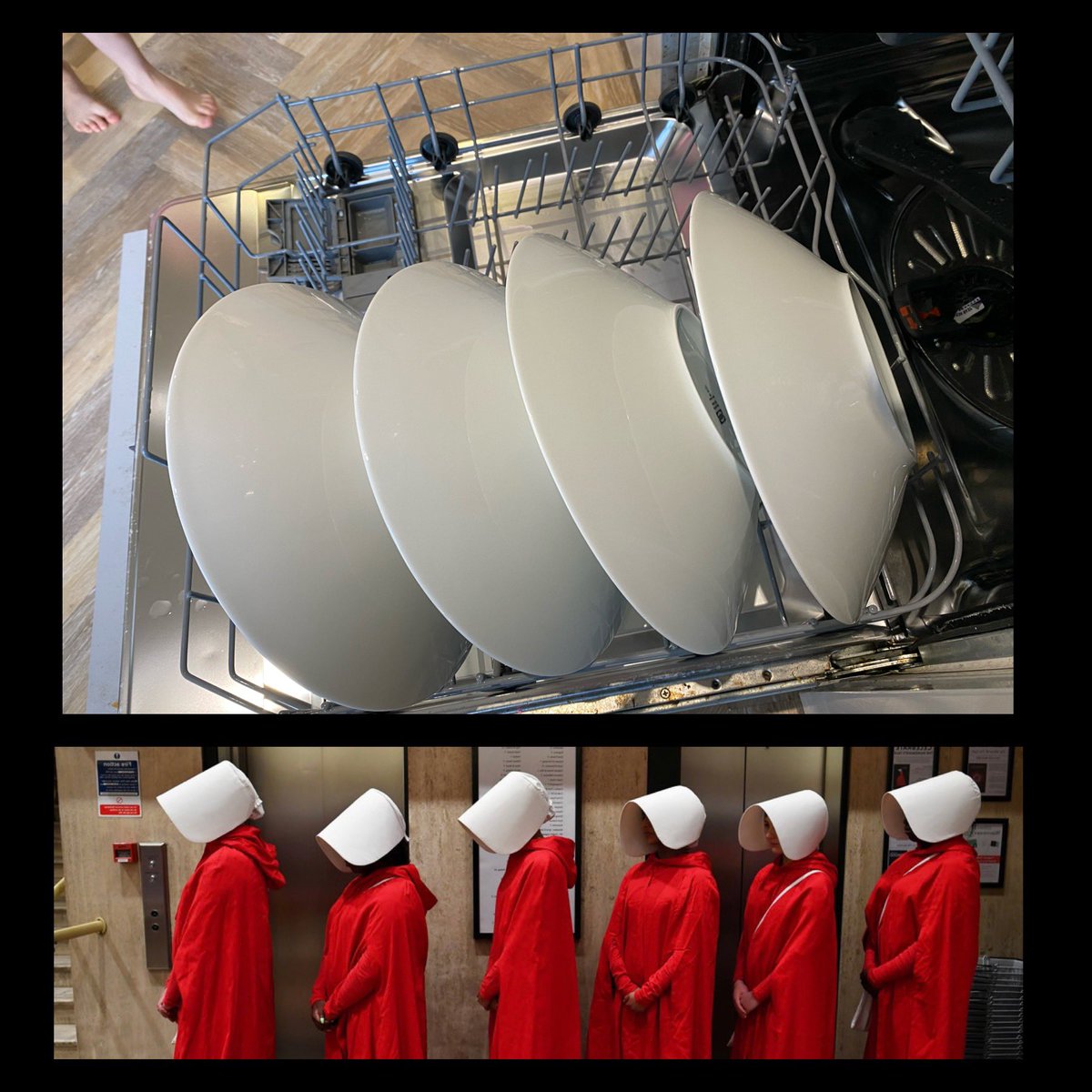 Whenever I stack the pasta bowls in the dishwasher, it always reminds me of a bunch of Handmaids queuing for vegetables or death.