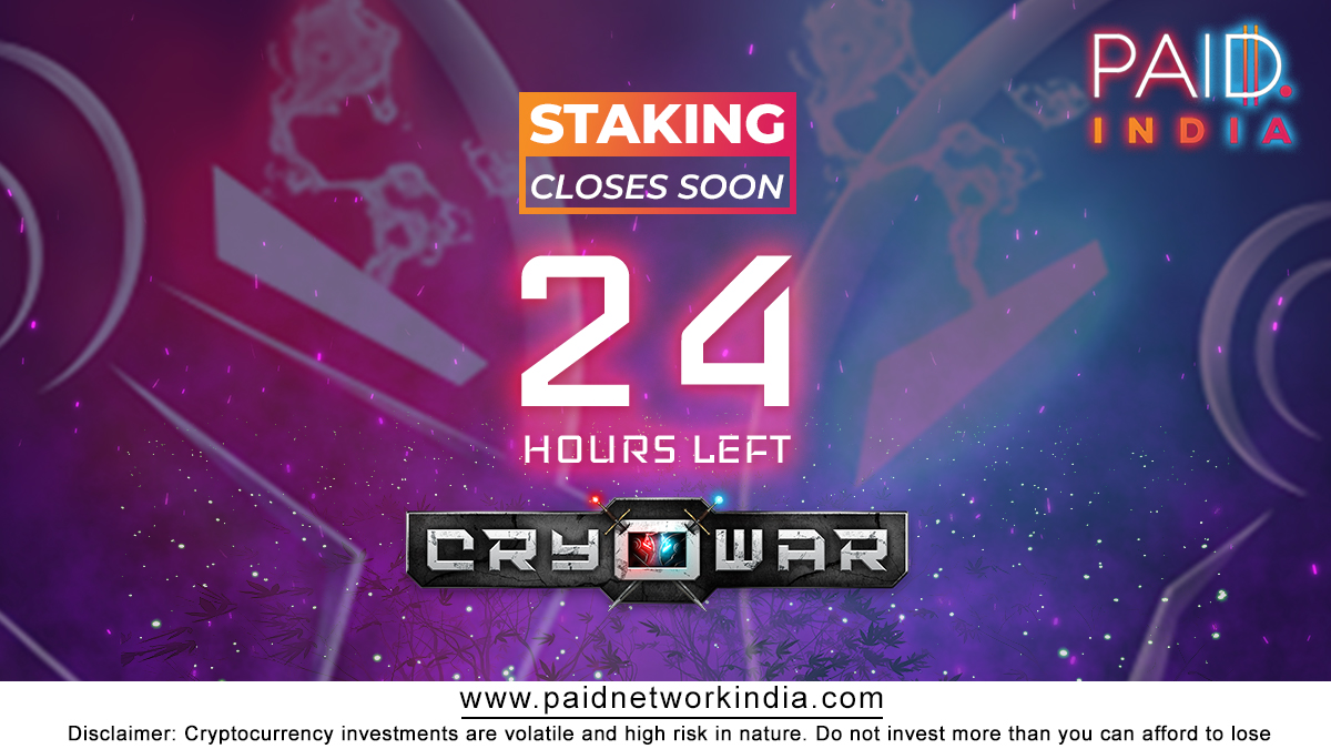 The epic Cryowar is now underway! Get on your alert as staking for cryowar is about to close within 24 hours. 📣🕛
<a href="/CryowarDevs/">Cryowar</a> 

#PaidIndia #IDOLaunchpad #GetPAID #IDO #staking #idostaking #closingsoon #Cryowar #Solana #NFTGame #BlockchainGame