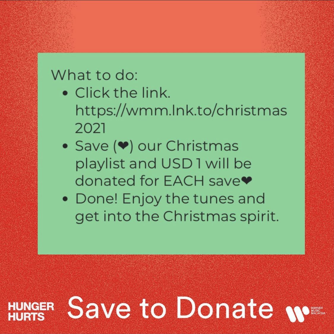 warnermusicmy's tweet photo. Hey #Mewlions #Spacelions &amp; all! Help us raise funds for @HungerHurtsMY to buy Christmas presents for 177 kids 💚❤️

SAVE THE PLAYLIST THRU THE WEBSITE = 1 USD DONATED! 

ENTER HERE: https://t.co/YVFVkldLT6 

It’s that simple 🤍 RT &amp; share too! We appreciate it 🙏 https://t.co/hgRB67TeRZ