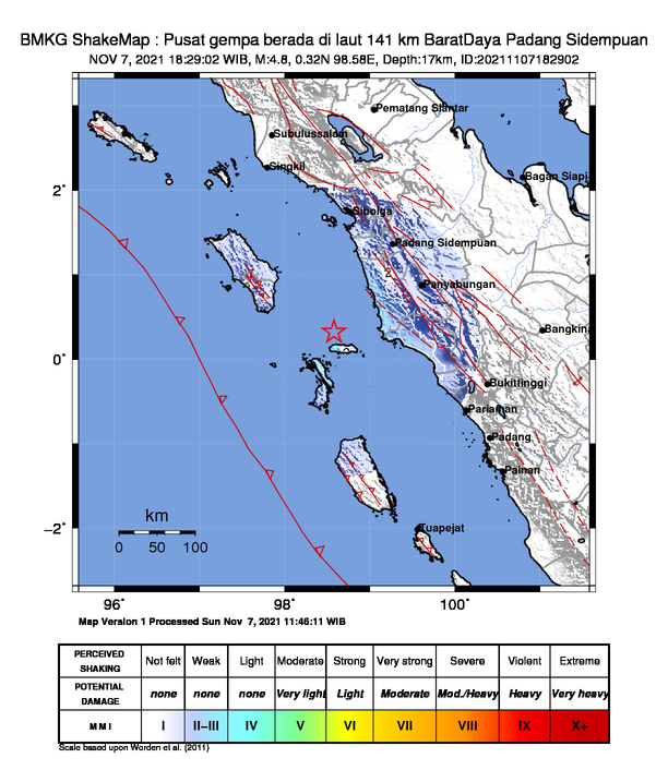 infoBMKG's tweet photo. #Gempa Mag:4.8, 07-Nov-21 18:29:02 WIB, Lok:0.32 LU, 98.58 BT (Pusat gempa berada di laut 141 km BaratDaya Padang Sidempuan), Kedlmn:17 Km Dirasakan (MMI) II Padang Sidempuan #BMKG https://t.co/wEYnbNwQyM
