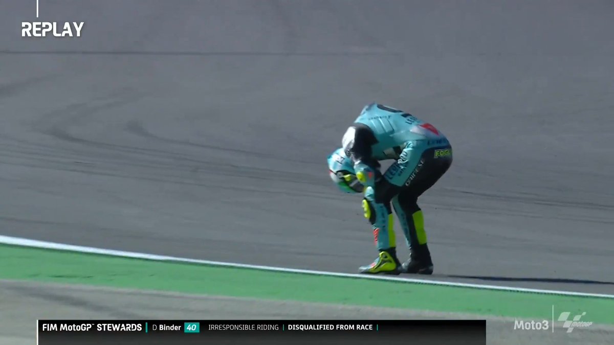 MotoGP's tweet photo. FIM MotoGP Stewards 📋 

@DarrynBinder40 has been disqualified from the race due to irresponsible riding 

#Moto3 | #AlgarveGP 🏁 https://t.co/l8DTV2AGpd