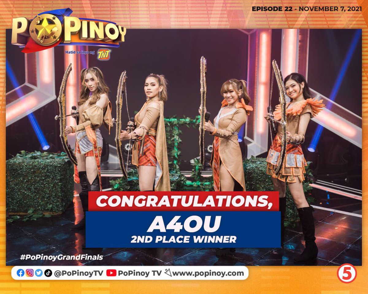 PoPinoyTV's tweet photo. CONGRATULATIONS to our girl group 2nd place winner, A4OU! 🎉

Thank you for watching PoPinoy: The Search for the Next-Gen P-Pop Stars

Follow us on Instagram and Twitter: @PoPinoyTV

#PoPinoyGrandFinals #PoPinoyTV5 #TNTPoPinoy #PPop #A4OU https://t.co/FJ0yHgGga3