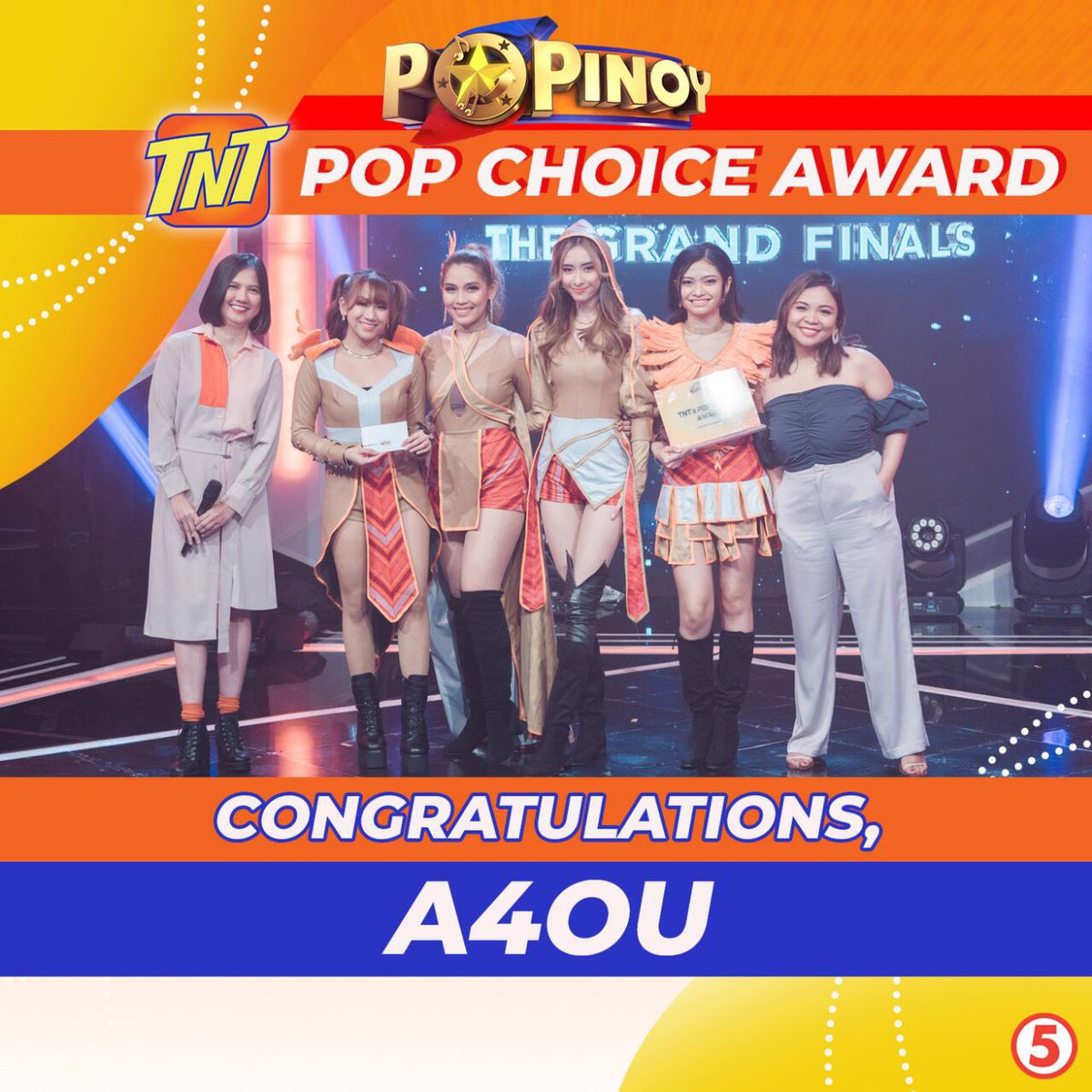 PoPinoyTV's tweet photo. CONGRATULATIONS to our TNT Pop Choice Award girl group winner, A4OU! TNT executives Ms. Miriam Choa and Ms. Jaja Galang give the award to our winning girl group.

#PoPinoyGrandFinals #TNTPopChoiceAward #PoPinoyTV5 #TNTPoPinoy #PPop #A4OU https://t.co/S1yHsO4G2D