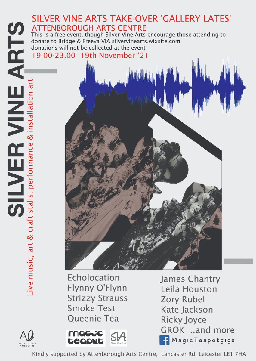 magic_teapot's tweet photo. @LeicOnTheMap Fri 19 November in collaboration with 
@silvervinearts Richard Attenborough Centre 7pm check the poster out.  Please donate to @LeicesterBridge + @UAVALtd https://t.co/5w6izsjphj