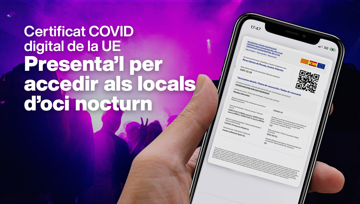 ❗️ Per accedir a l’oci nocturn has de presentar el Certificat COVID digital de la UE.

📲 Descarrega-te’l a l’app de La Meva Salut o al web 👉 ow.ly/AfUr50GnCV9

💉 I si encara no t’has vacunat, pots fer-ho a ow.ly/ZaMD50GrfOs
