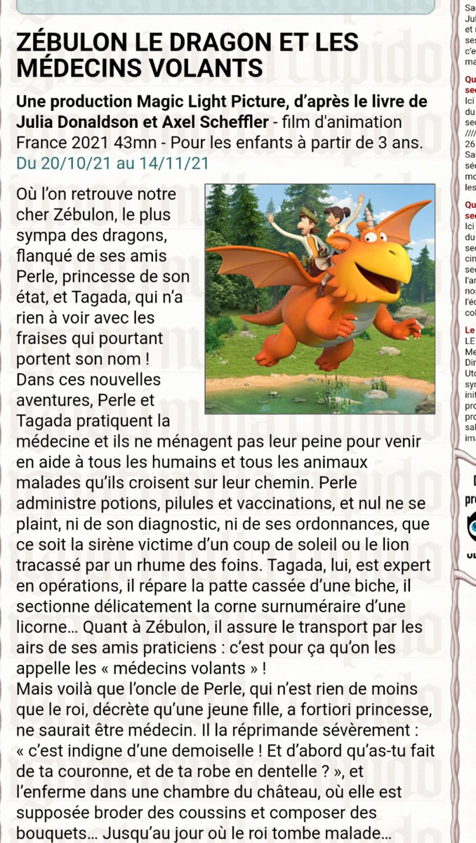 Maitre_Bauer's tweet photo. [Cinéma pour les enfants ] Zébulon le dragon et les médecins volants: drôle et "militant" pour l'égalité femme/homme une princesse peut devenir médecin. Ma fille a adoré. Ça change de Pat patrouille (je suis en overdose de la vallée et de Marcus et stella) https://t.co/x8Il1zUCGm