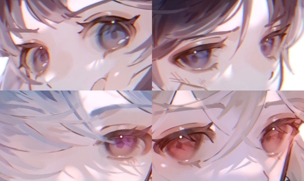 scaramouche (genshin impact) multiple boys 2boys red eyes purple eyes eye focus bangs hair between eyes  illustration images