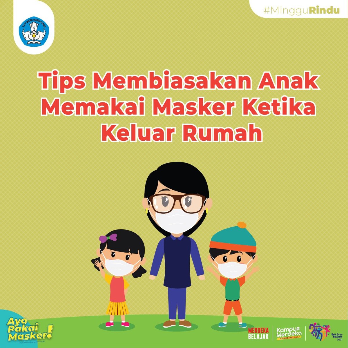 Kemdikdasmen's tweet photo. #SahabatDikbud, protokol kesehatan wajib diikuti oleh seluruh masyarakat, termasuk anak-anak pada usia tertentu. Membiasakan anak menggunakan masker tentu tidak mudah, namun perlu dilakukan agar anak tetap terlindungi dari Covid-19.

 #MerdekaBelajar #MingguRindu https://t.co/8rQAPeuPcO
