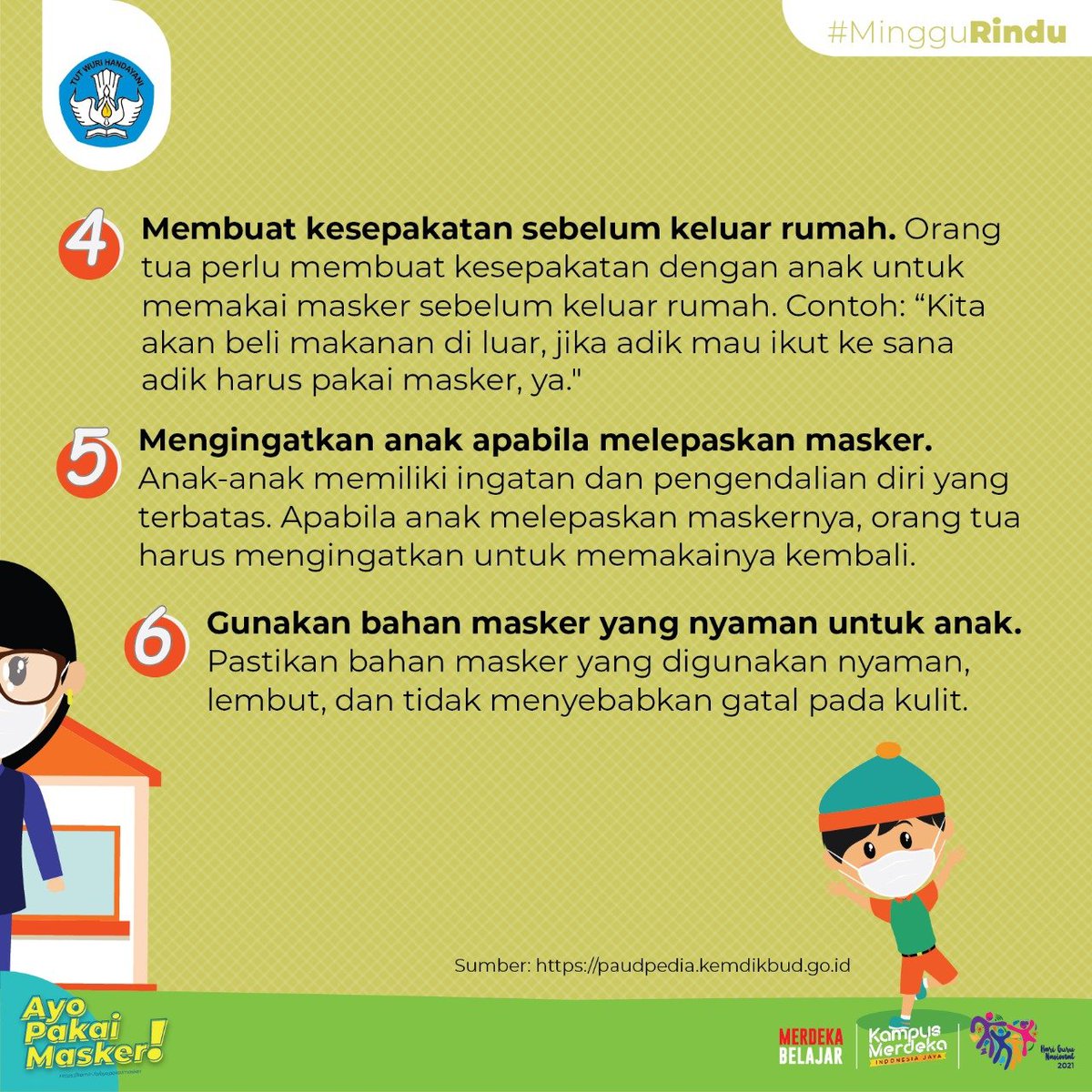 Kemdikdasmen's tweet photo. #SahabatDikbud, protokol kesehatan wajib diikuti oleh seluruh masyarakat, termasuk anak-anak pada usia tertentu. Membiasakan anak menggunakan masker tentu tidak mudah, namun perlu dilakukan agar anak tetap terlindungi dari Covid-19.

 #MerdekaBelajar #MingguRindu https://t.co/8rQAPeuPcO