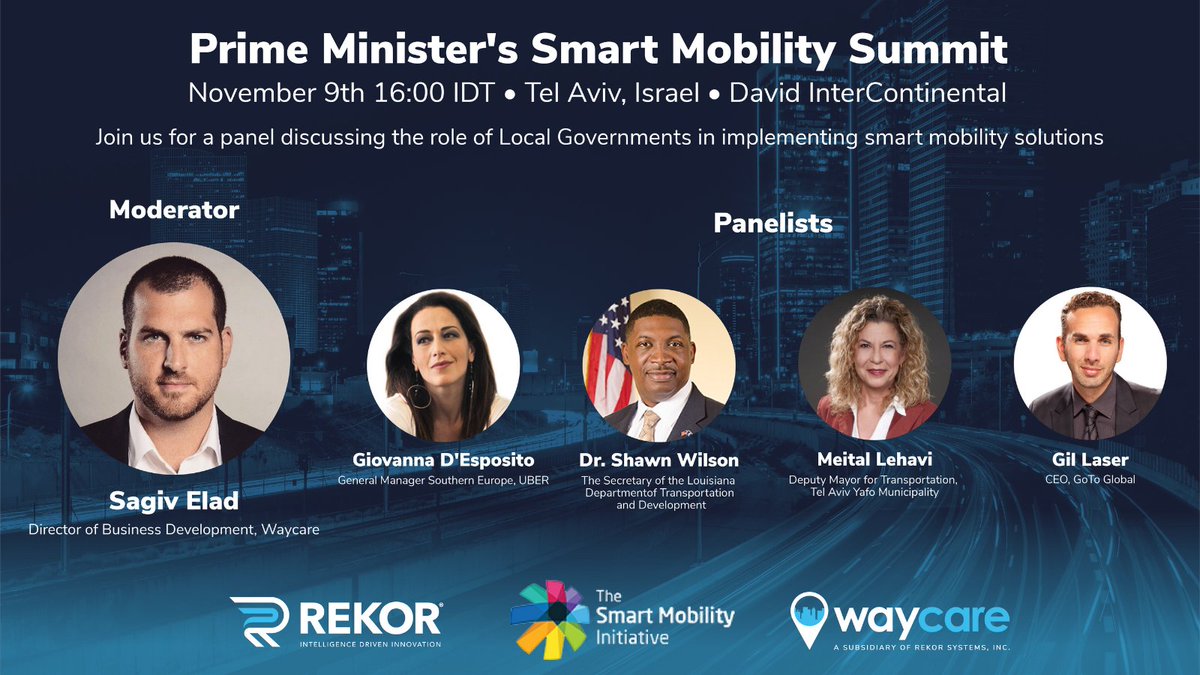 WaycareTech's tweet image. We're in Tel Aviv for the Prime Minister's Smart Mobility Summit! Catch this special panel with smart mobility leaders on November 9th at 16:00 IDT.

Learn more:rekor.co/3BZqIyY

#IntelligentTransportation #Innovation #IsraelInnovation #ConnectedVehicle #FutureMobility