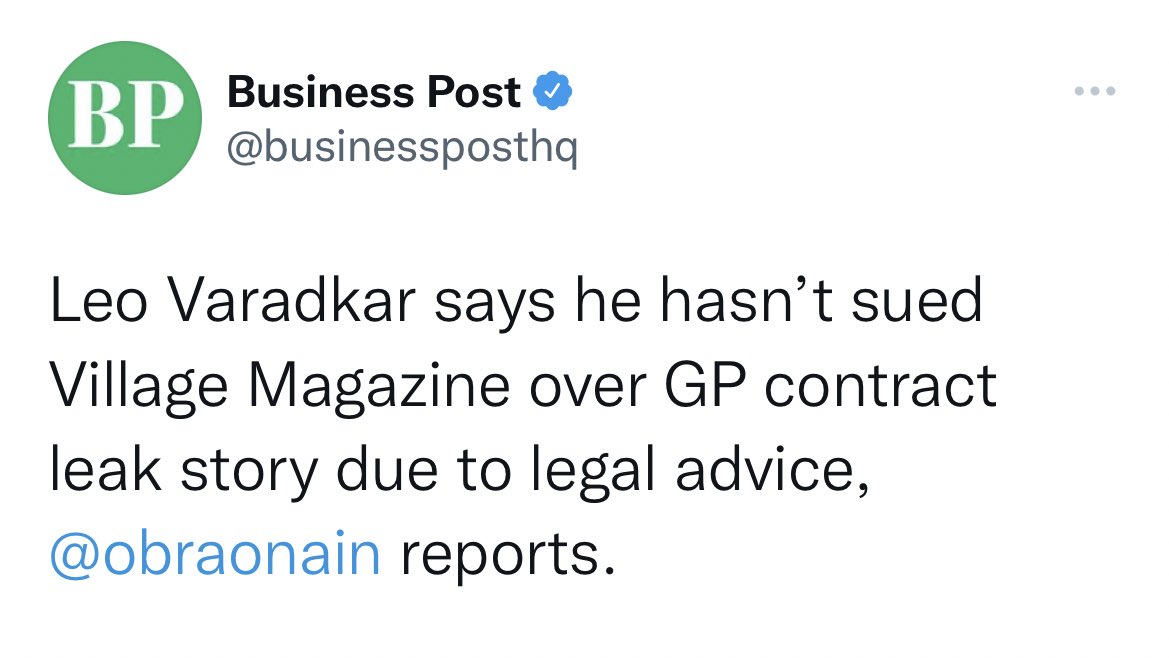 paddycosgrave's tweet photo. Let me fix this headline

Leo Varadkar says he hasn’t sued Village Magazine over GP contract leak story as his lawyers told him @VillageMagIRE editor @MichaelSmithIrl would “wipe the floor with him so settle down there Tánaiste” 😂 https://t.co/1P4OibgksS