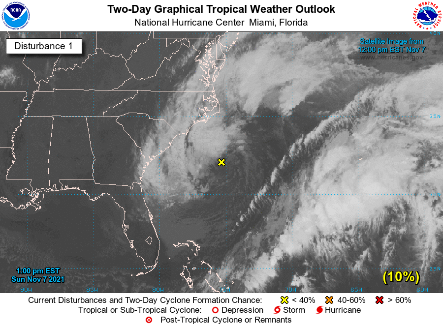 NHC_Atlantic's tweet photo. 1pm EST 7 Nov: #Wanda is now a post-tropical cyclone WNW of the Azores, but NHC is now monitoring the non-tropical low with storm-force winds off the SE-US. 

This feature may acquire some subtropical characteristics moving ENE over the Gulf Stream.

More: https://t.co/NERCKMhgQU https://t.co/AchYUesMMv