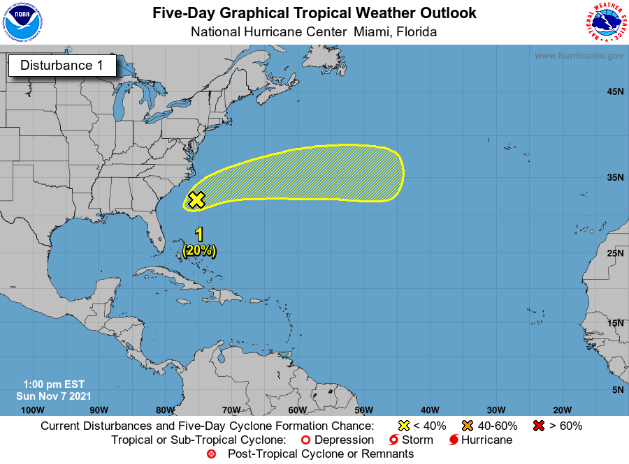 NHC_Atlantic's tweet photo. 1pm EST 7 Nov: #Wanda is now a post-tropical cyclone WNW of the Azores, but NHC is now monitoring the non-tropical low with storm-force winds off the SE-US. 

This feature may acquire some subtropical characteristics moving ENE over the Gulf Stream.

More: https://t.co/NERCKMhgQU https://t.co/AchYUesMMv