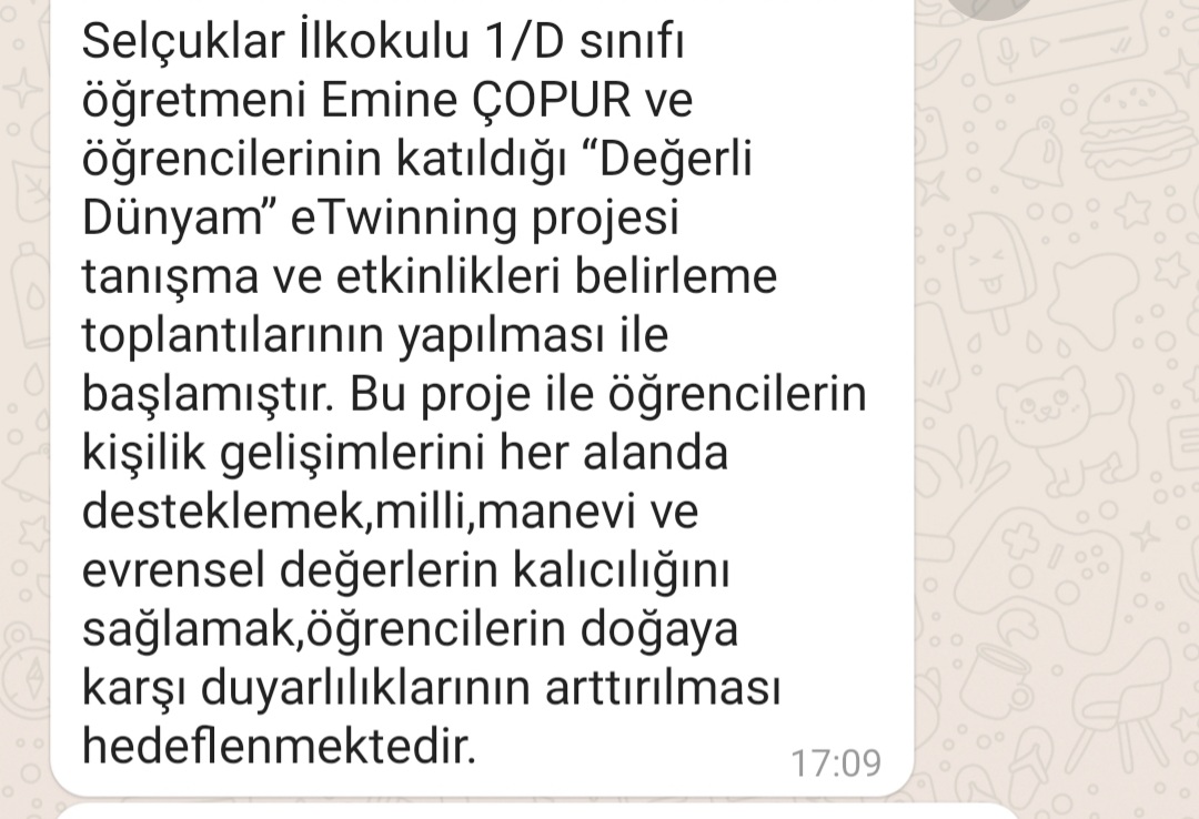 Emine Çopur Öğretmenimizin "Değerli Dünyam" eTwinning projesi