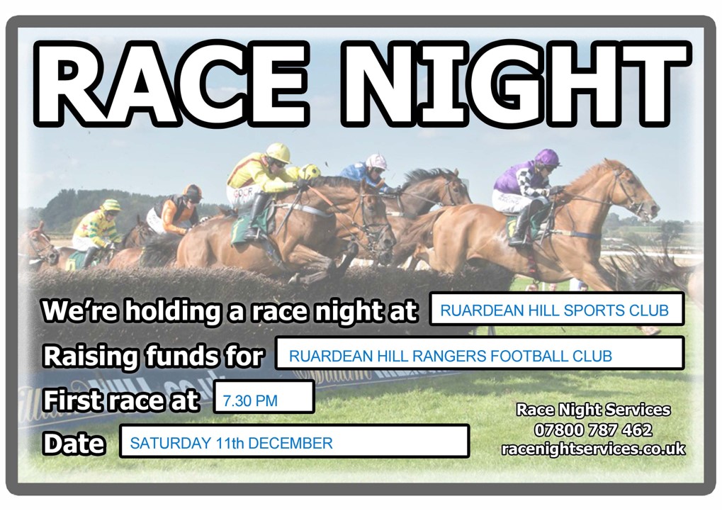 RHRFC's tweet photo. 🐴🐴Race Night🐴🐴

Our fantastic race night is making a comeback on Saturday the 11th of December!

If you are interested in sponsoring a horse please let us know in the comments below; £5 a horse!

We have also got a few races left to sponsor; £25 a race! https://t.co/hURnJ3j1wQ