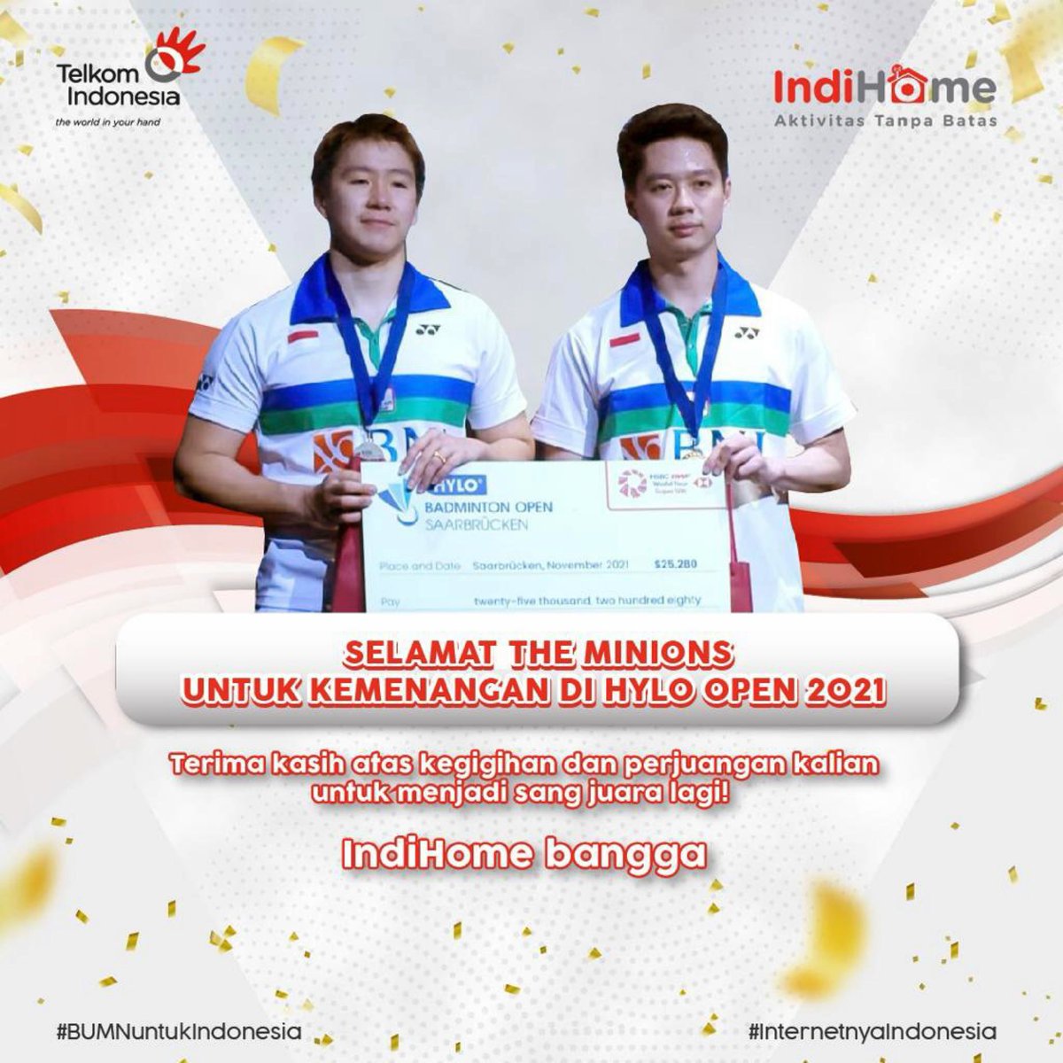 IndiHome's tweet photo. Selamat The Minions 🇮🇩🎉, untuk kemenangan di Hylo Open 2021. Akhirnya bisa lihat all Indonesian final lagi! Apresiasi setinggi-tingginya juga untuk @rollycarnando dan @danielmarthin12 yang sudah menampilkan permainan terbaiknya. https://t.co/S7xf7k5IiE