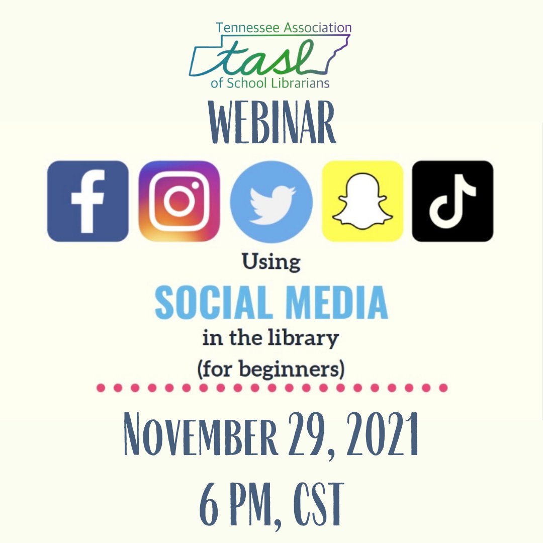 TASLTN's tweet photo. Join @messerlyk, TASL's Social Media Chair, next week for a primer to harnessing social media to engage your students, advocate for your library, & make connections. Pick up plenty of ideas to help tell your library's story. #whattopost #freeformembers https://t.co/ebCHznnpqy https://t.co/i4Qu8zrGhg